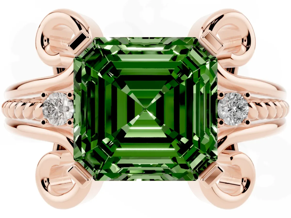 Fancy Green Asscher Cut Solitaire Twisted Band Scroll Prong Ring Rose gold