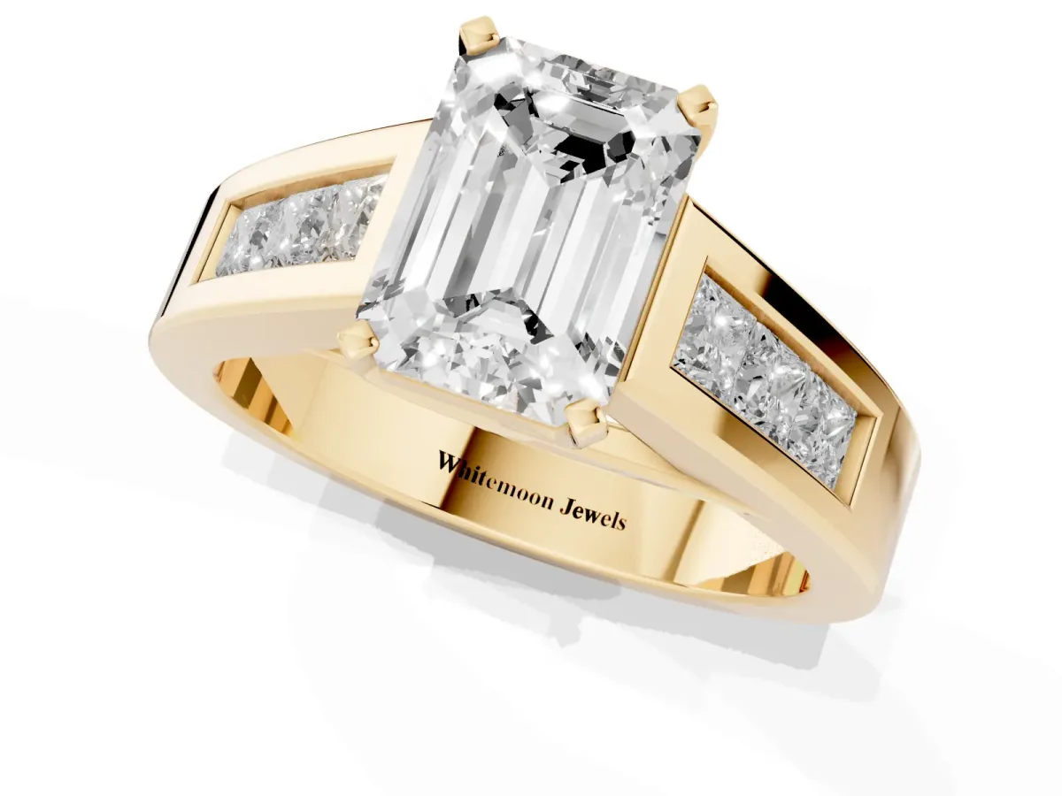 Emerald Cut Cut Channel Set Solitaire Ring with Four-Prong Setting Yellow gold