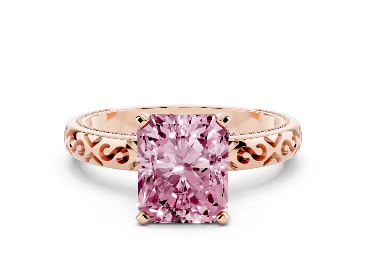 Fancy Pink Radiant Cut Solitaire Engagement Ring with Scrollwork Band and Four-Prong Setting Rose gold