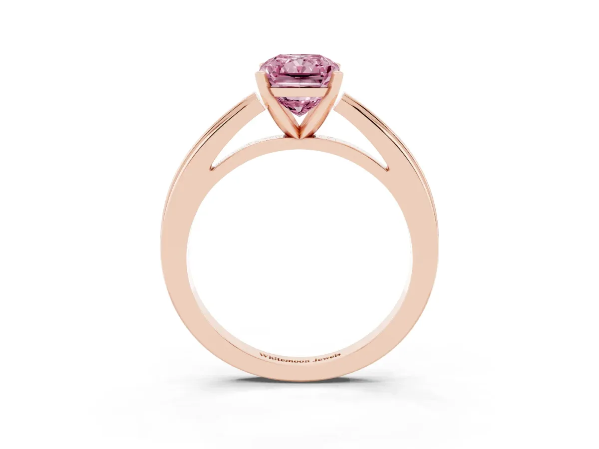 Fancy Pink Radiant Cut Solitaire Diamond Ring with Four-Prong Setting and Classic Band Rose gold