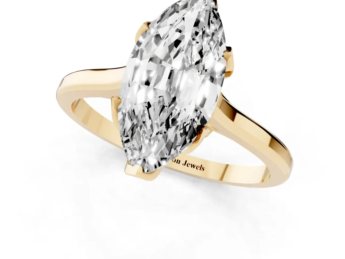 Marquise Cut Diamond Solitaire Ring with Flower Prong Setting and Classic Band Yellow gold