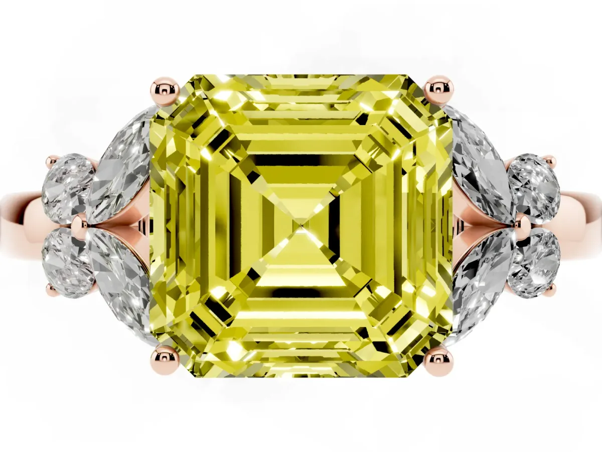 Fancy Yellow Asscher Cut Cut Solitaire Floral Diamond Ring with Four-Prong Setting Rose gold