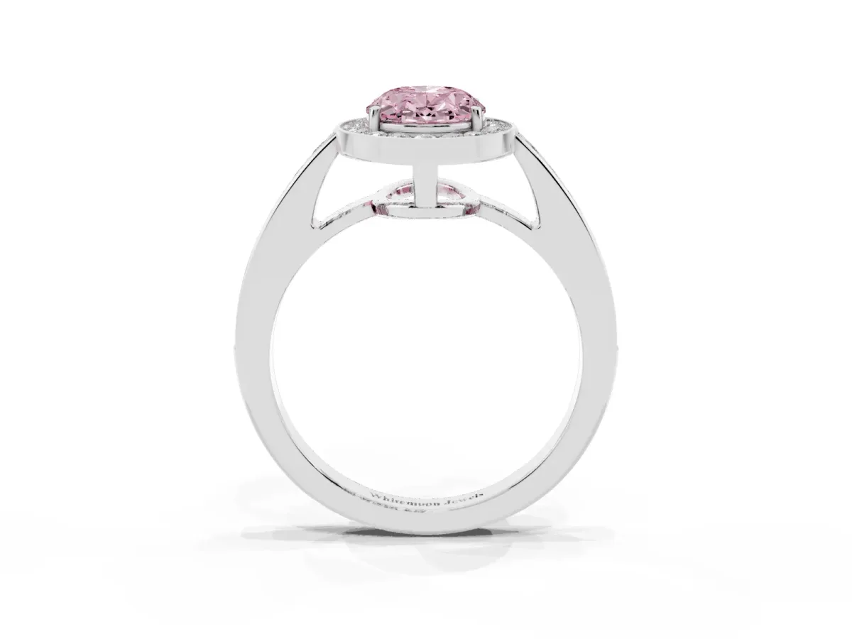 Fancy Pink Oval Cut Halo Pavé Diamond Engagement Ring with Bezel Setting Silver