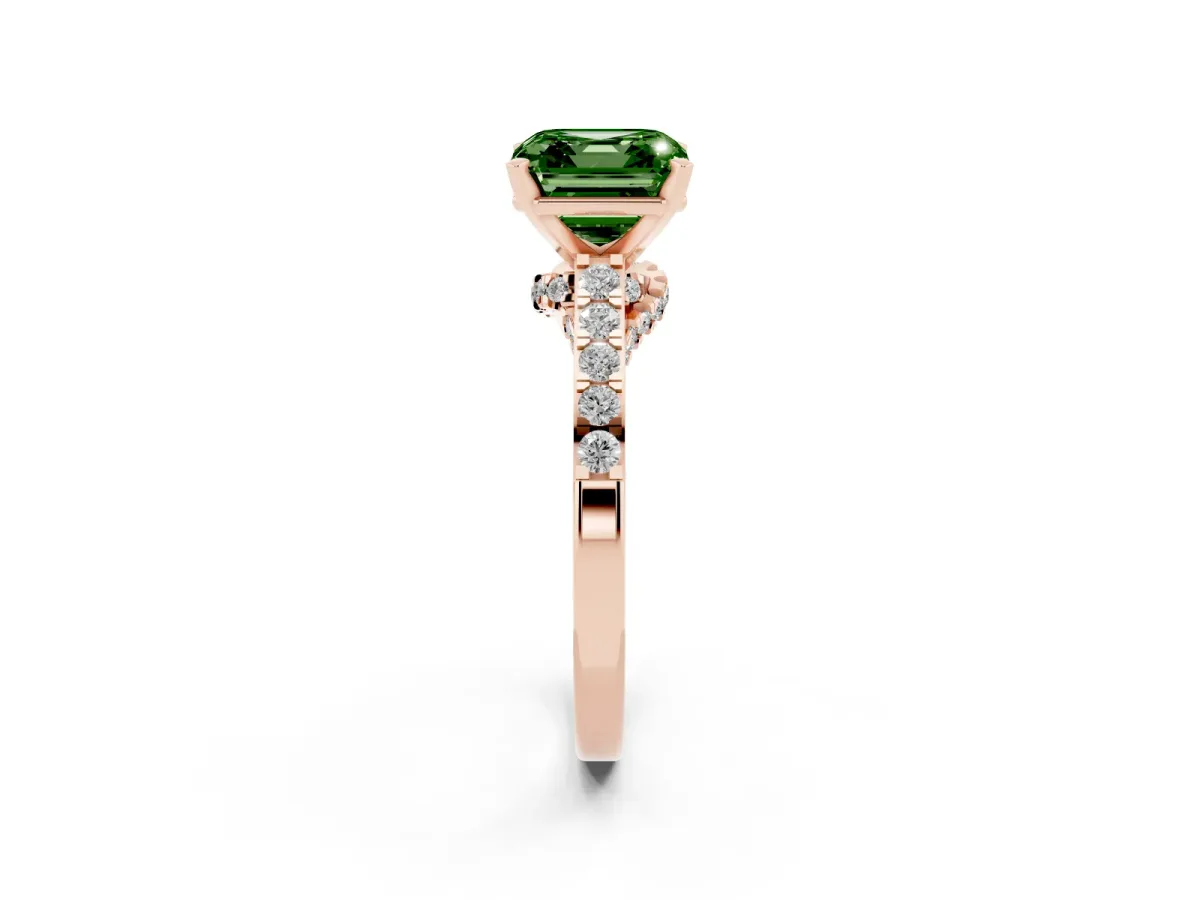 Fancy Green Asscher Cut Diamond Solitaire Ring with Crossover Gallery and Round Pavé Band Rose gold