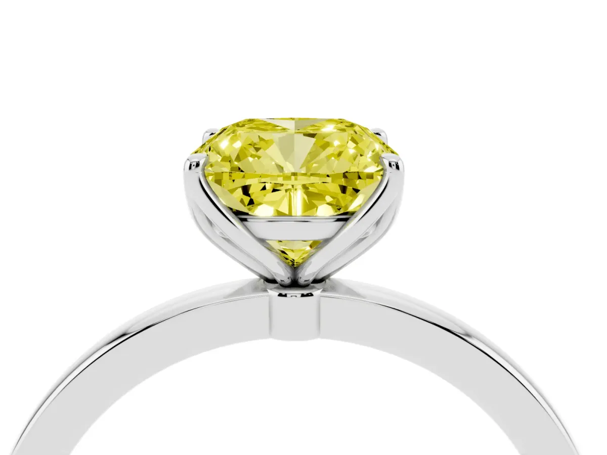 Fancy Yellow Cushion Cut Diamond Solitaire Ring with Thin Band and Prong Setting White gold