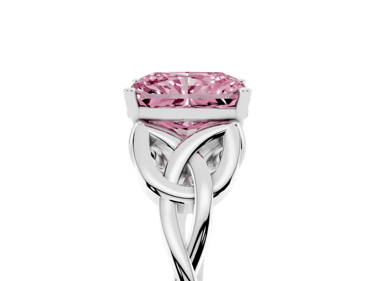 Fancy Pink Radiant Cut Diamond Solitaire Engagement Ring with Celtic Knot Band and Four-Prong Setting Silver