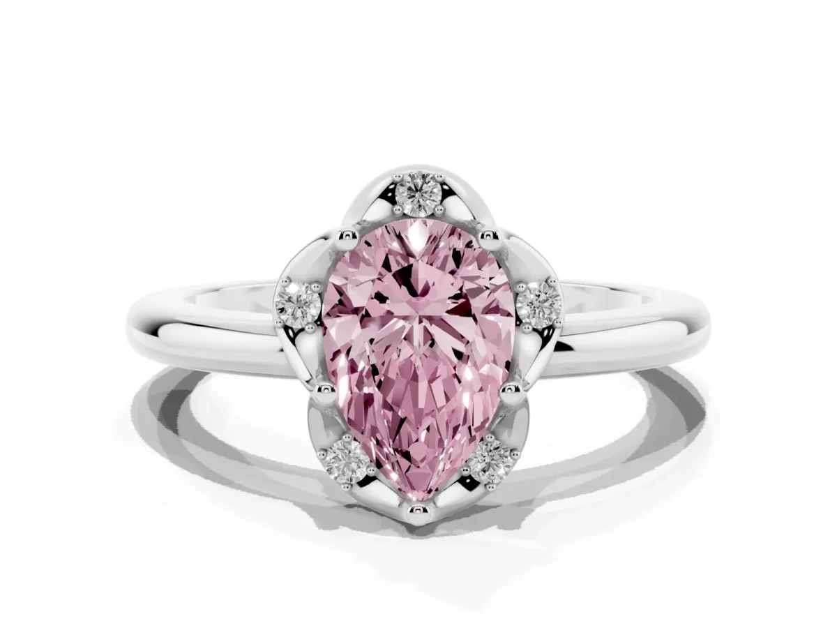 Fancy Pink Pear Cut Halo Diamond Ring with Round Cluster Setting, Solitaire Band, and Four-Prong Setting Platinum