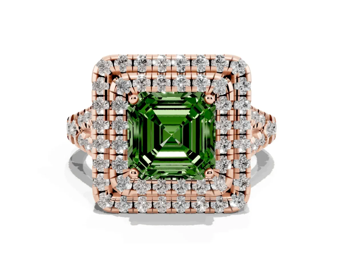 Fancy Green Double Halo Asscher Cut Diamond Pavé Split Shank Ring with Prong Setting Rose gold