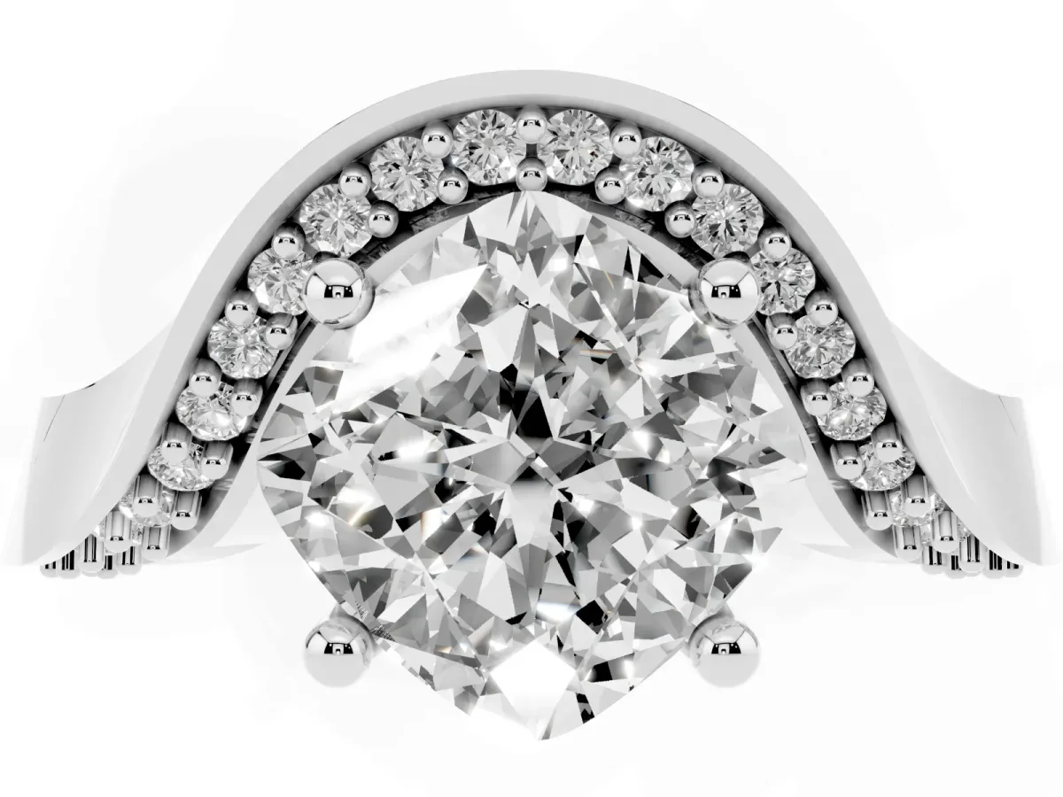 Cushion Cut Solitaire Diamond Engagement Ring with Pave Band and Four-Prong Setting Platinum