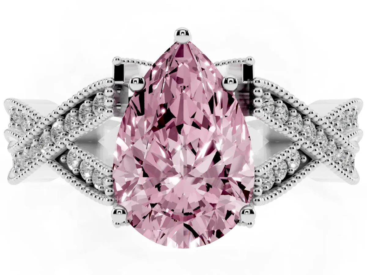 Fancy Pink Pear Cut Cut Diamond Twisted Band with Milgrain Pave Setting and Four-Prong Setting Silver