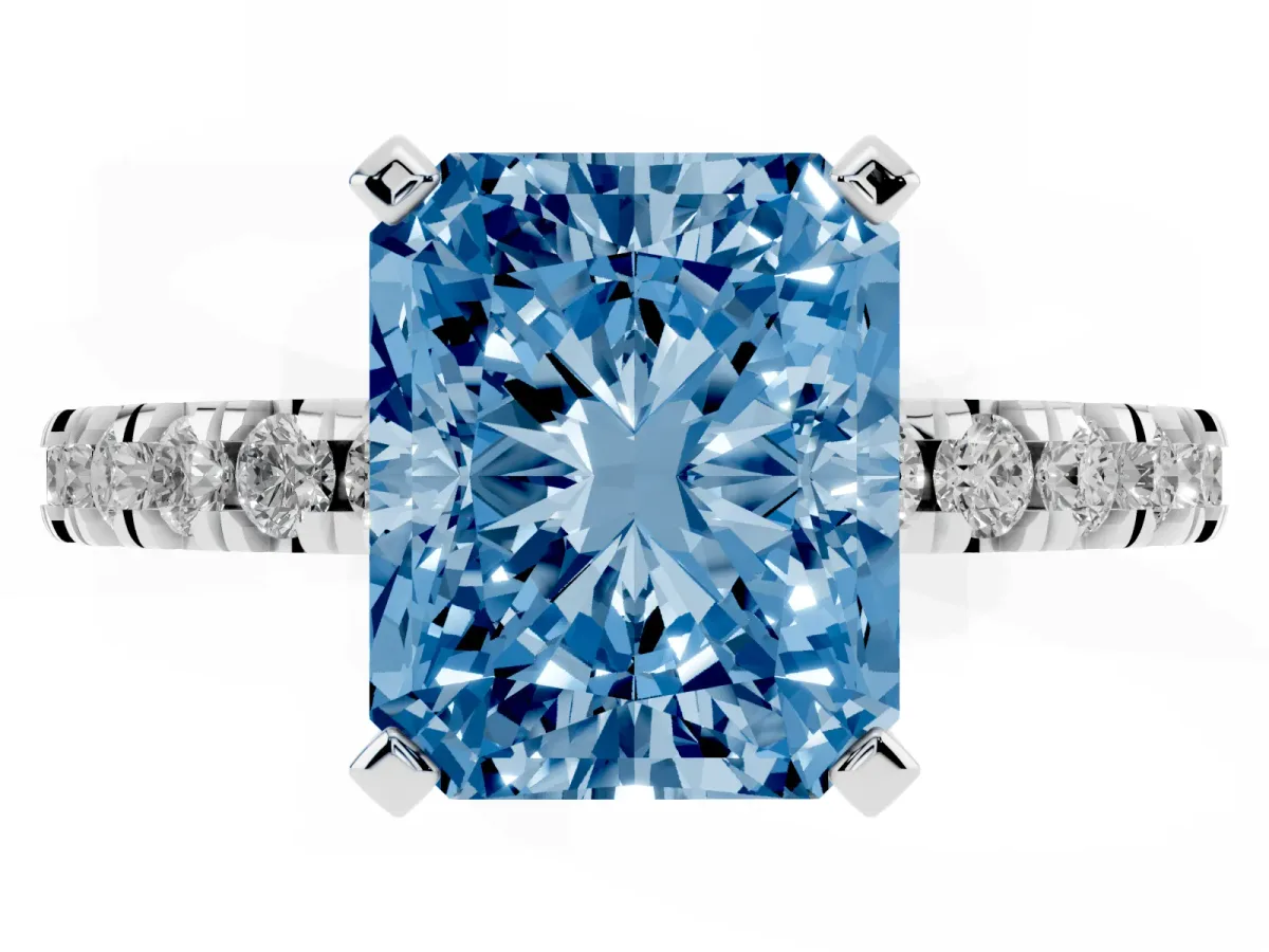Fancy Blue Radiant Cut Diamond Pavé Band Solitaire with Four-Prong Setting Silver