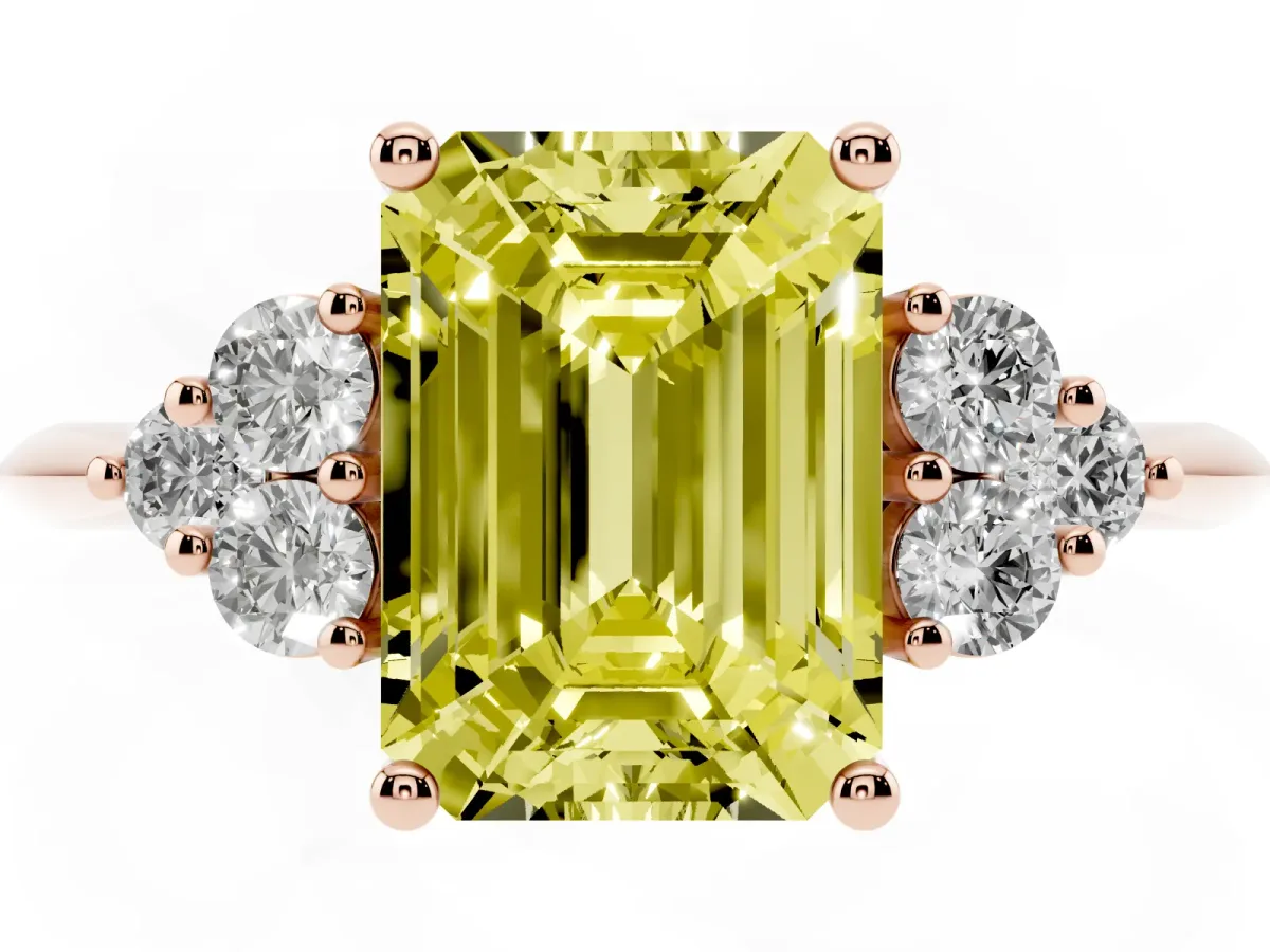 Fancy Yellow Emerald Cut Cut Diamond Cluster Ring with Solitaire Band and Four-Prong Setting Rose gold