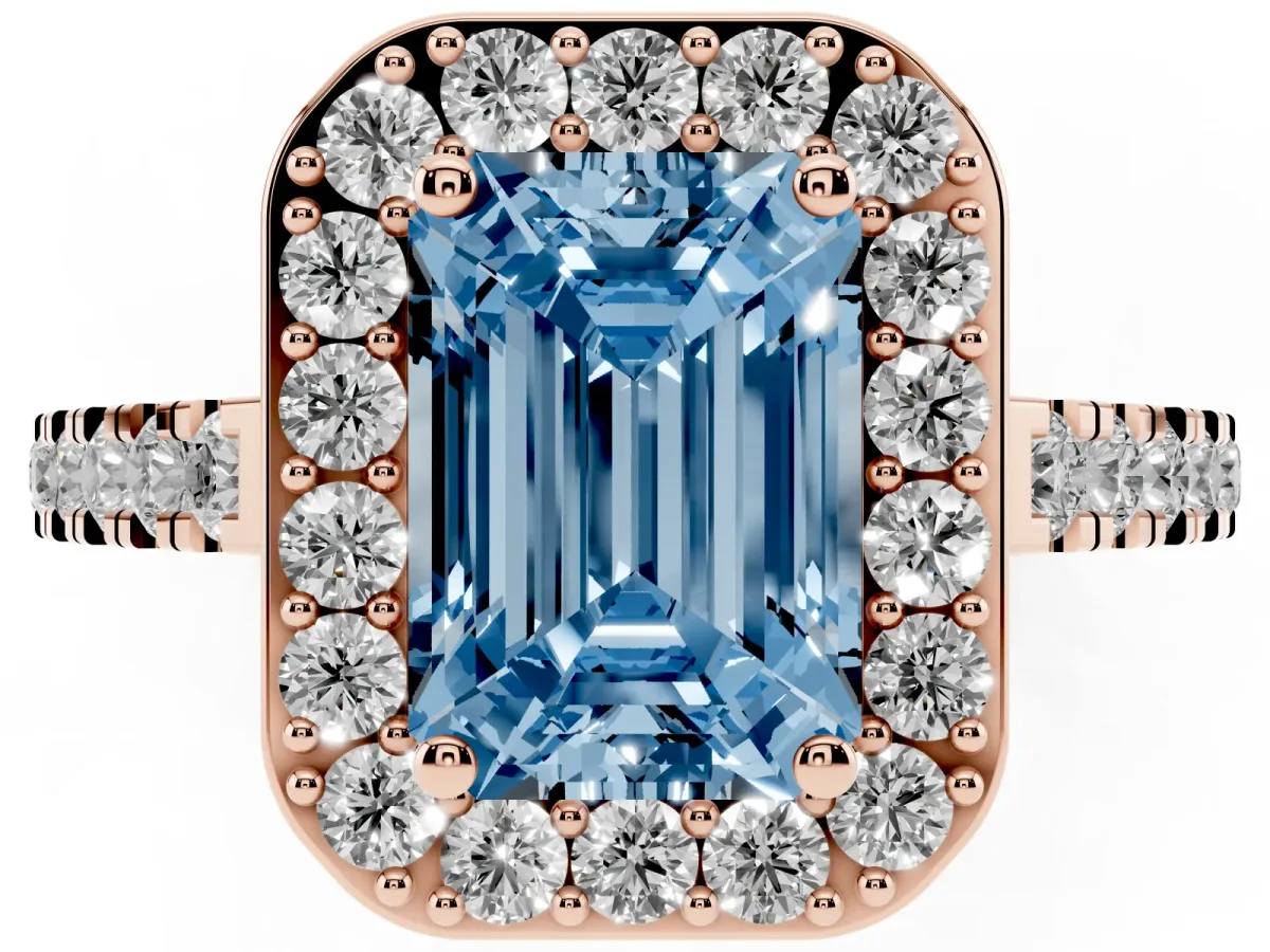 Fancy Blue Emerald Cut Diamond Halo Ring with Round Pavé Split Shank and Prong Setting Rose gold