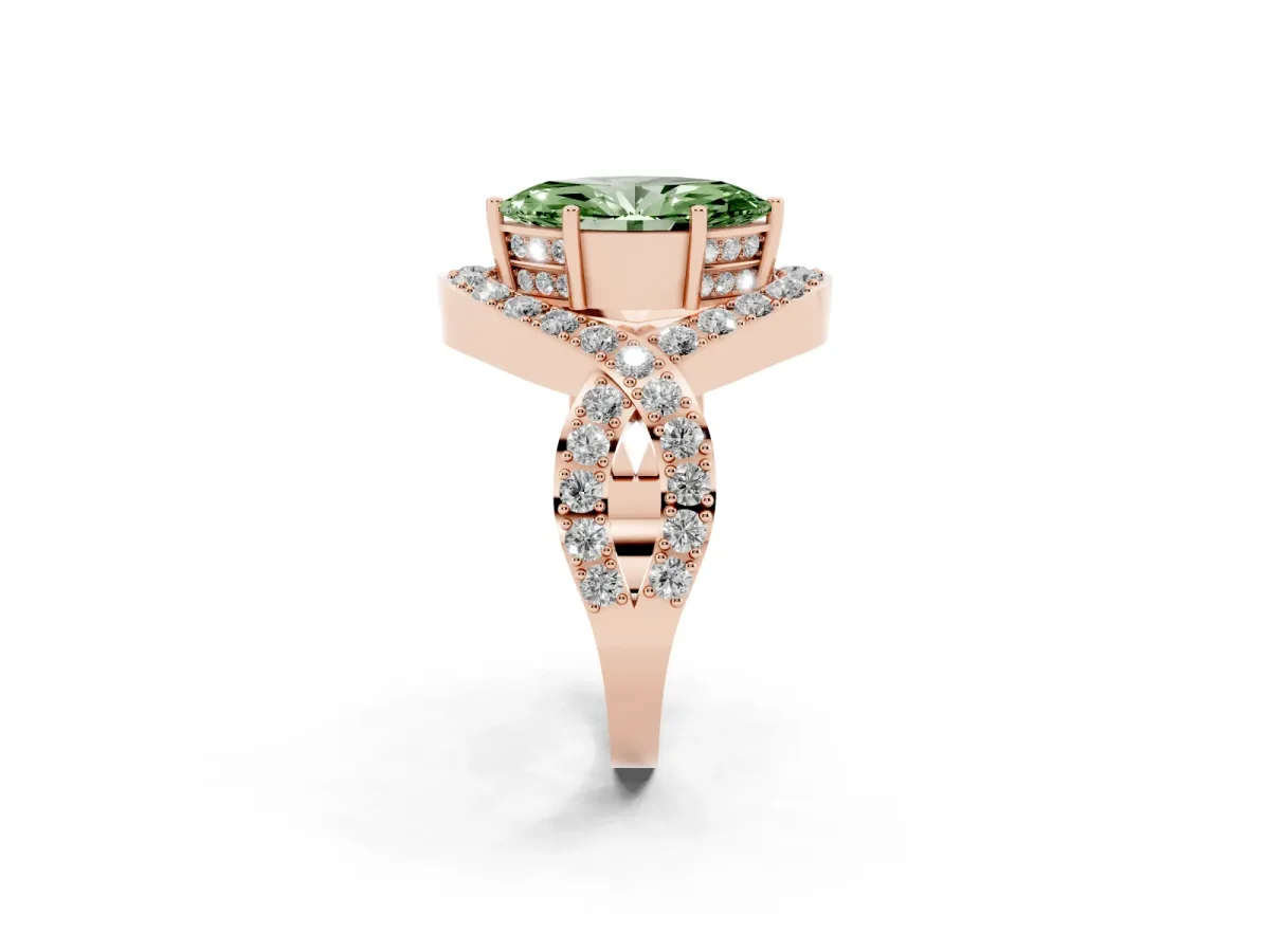 Fancy Green Marquise Cut Solitaire Twist Band Pavé Diamond Engagement Ring Rose gold