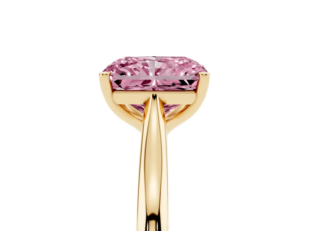 Fancy Pink Radiant Cut Cut Solitaire Ring with Cathedral Band and Four-Prong Setting Yellow gold