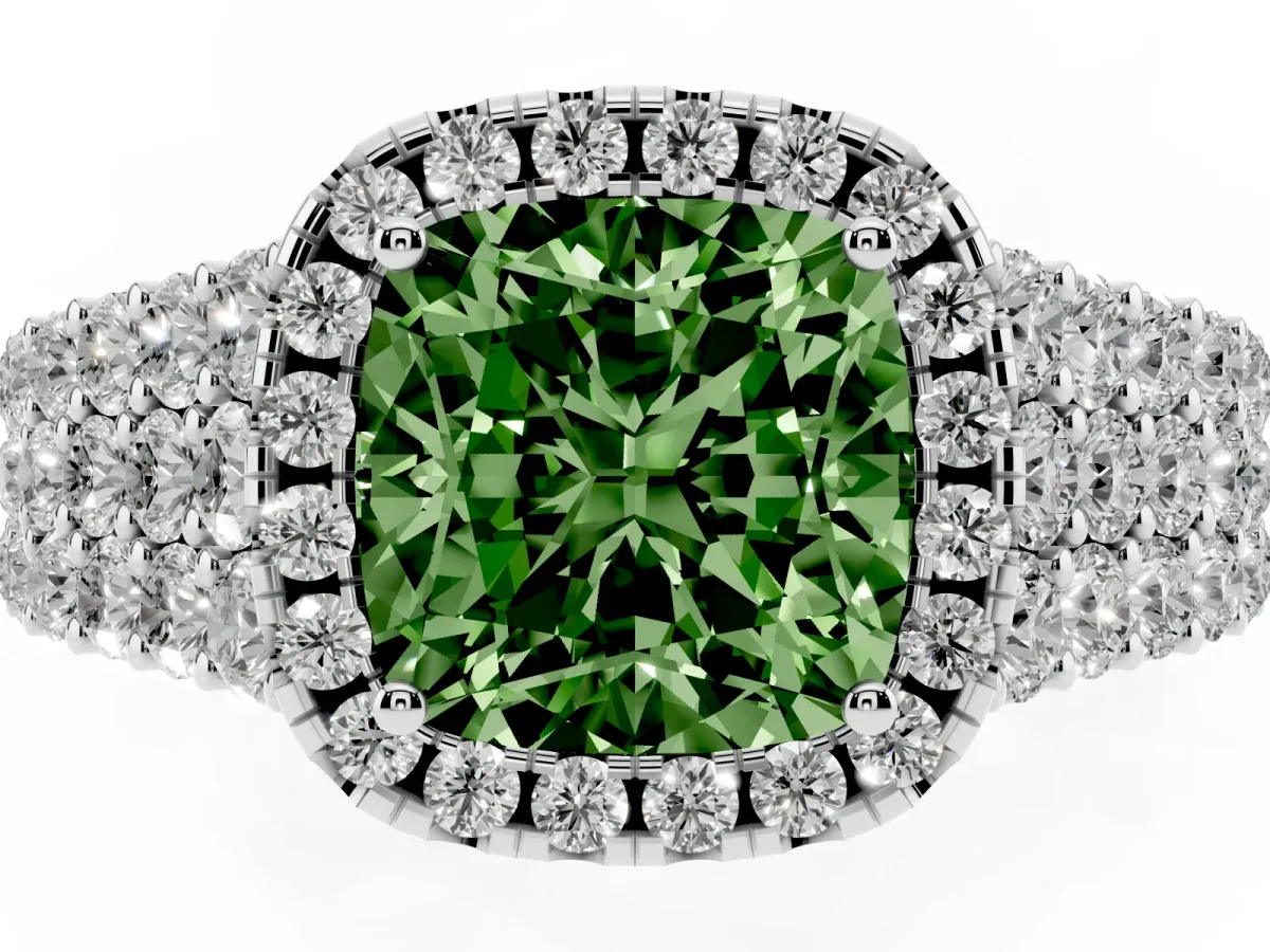 Fancy Green Cushion Cut Diamond Halo Engagement Ring with Triple Row Round Pavé Band and Prong Setting White gold