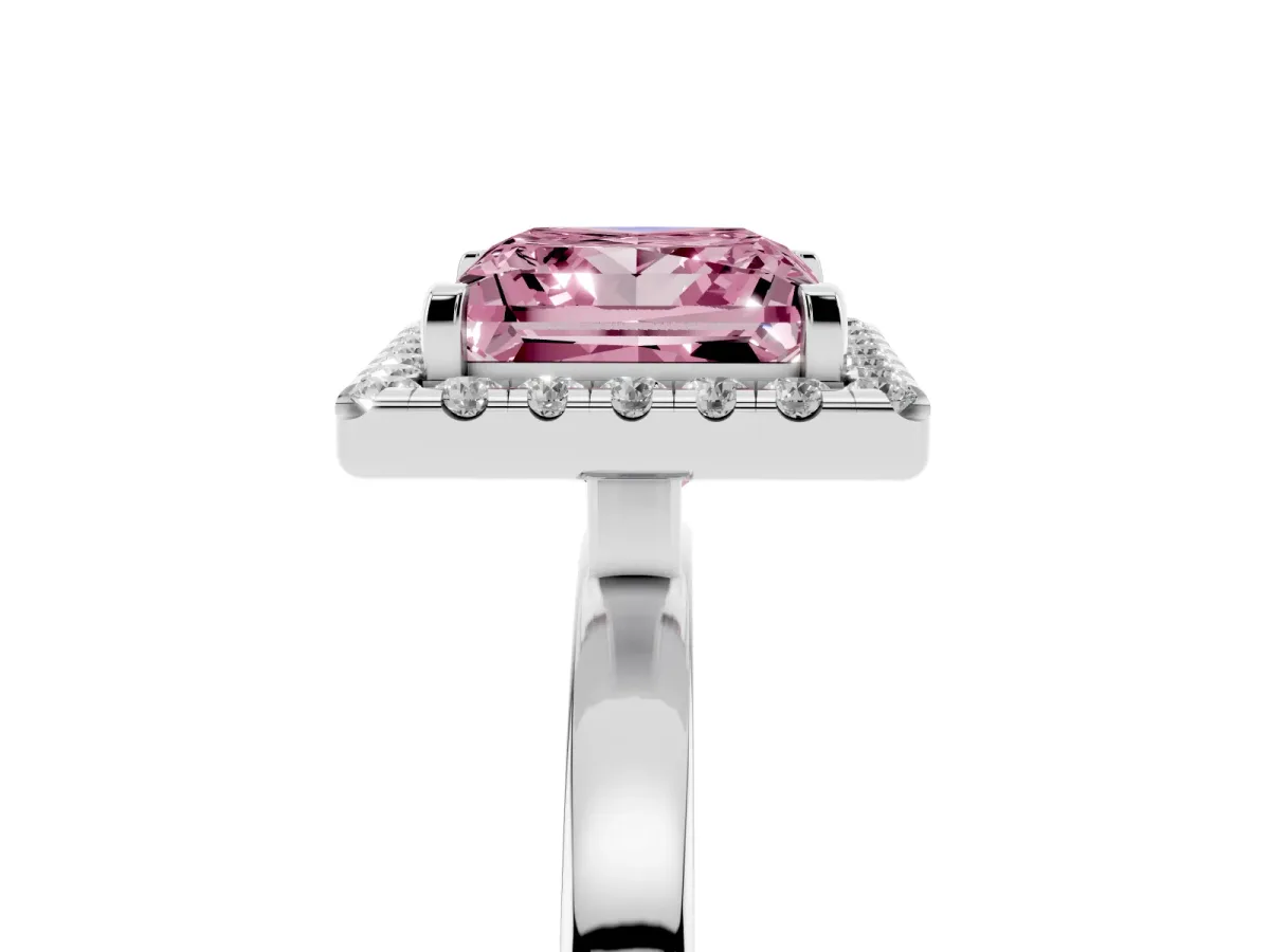 Fancy Pink Princess Cut Halo Diamond Solitaire with Pavé Band and Four-Prong Setting Platinum