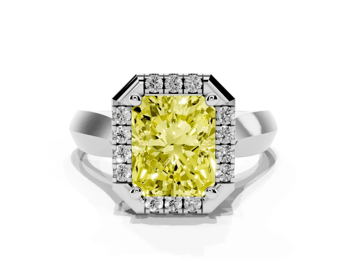 Fancy Yellow Radiant Cut Cut Halo Solitaire Engagement Ring with Square Band and Four-Prong Setting Silver