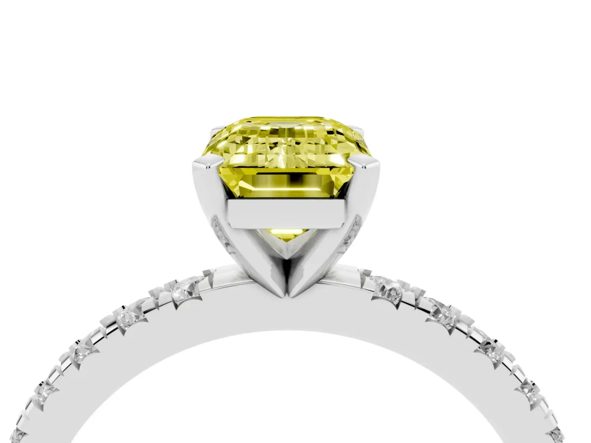 Fancy Yellow Emerald Cut Diamond Pavé Band Solitaire with Four-Prong Setting Silver