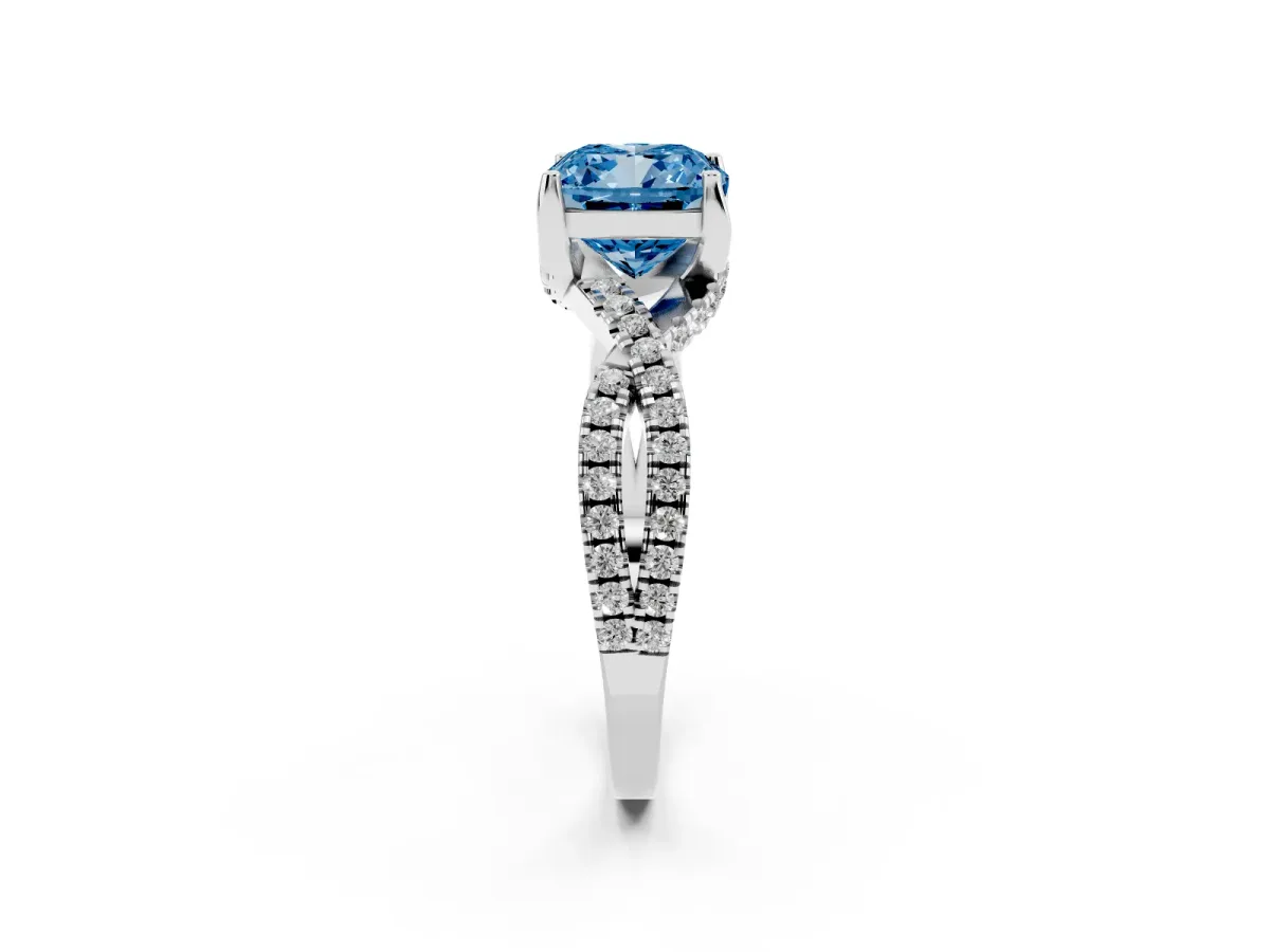 Fancy Blue Cushion Cut Solitaire Twist Pave Diamond Engagement Ring with Prong Setting Silver