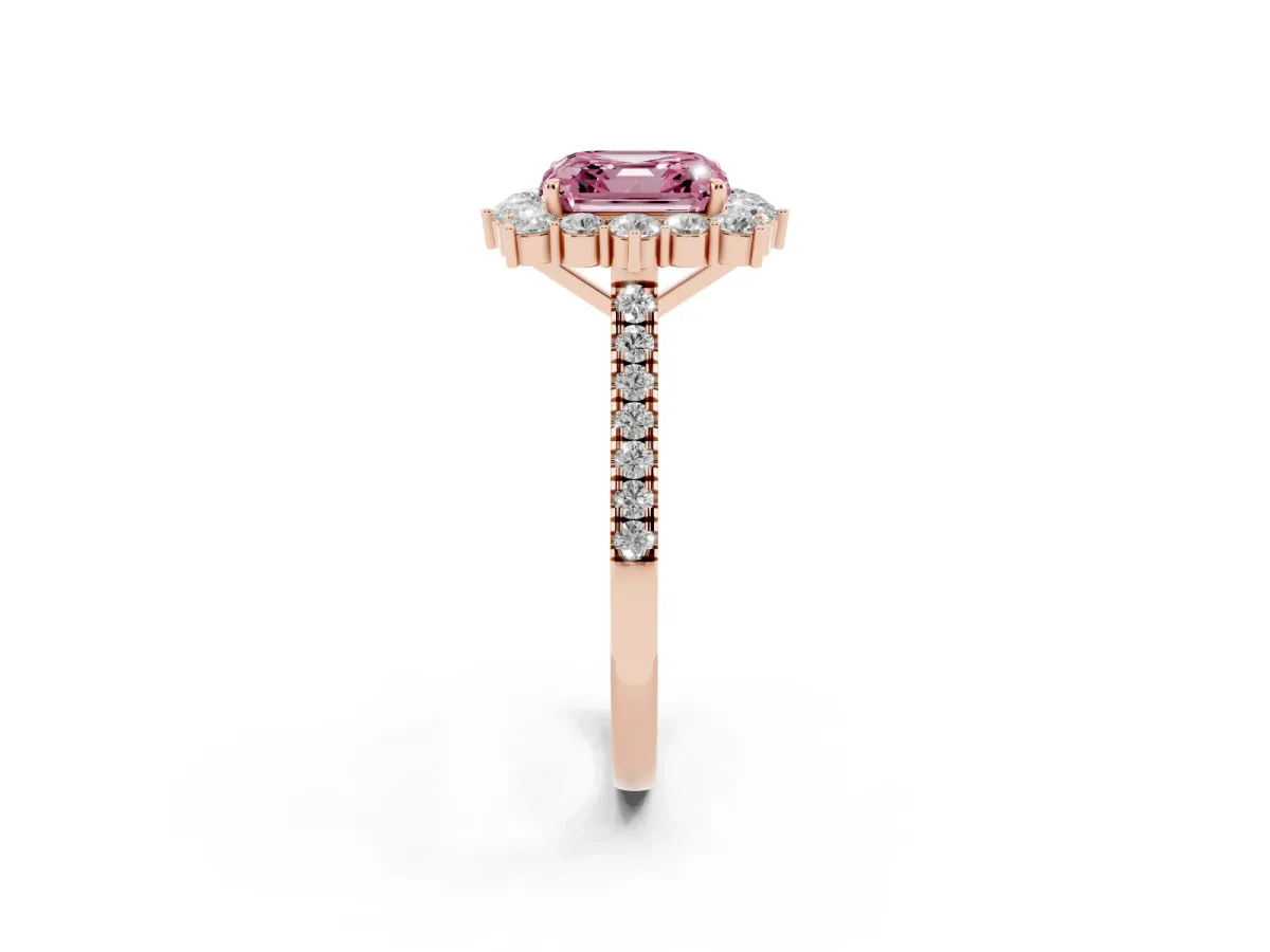 Fancy Pink Asscher Cut Halo Diamond Ring with Pavé Band and Prong Setting Rose gold