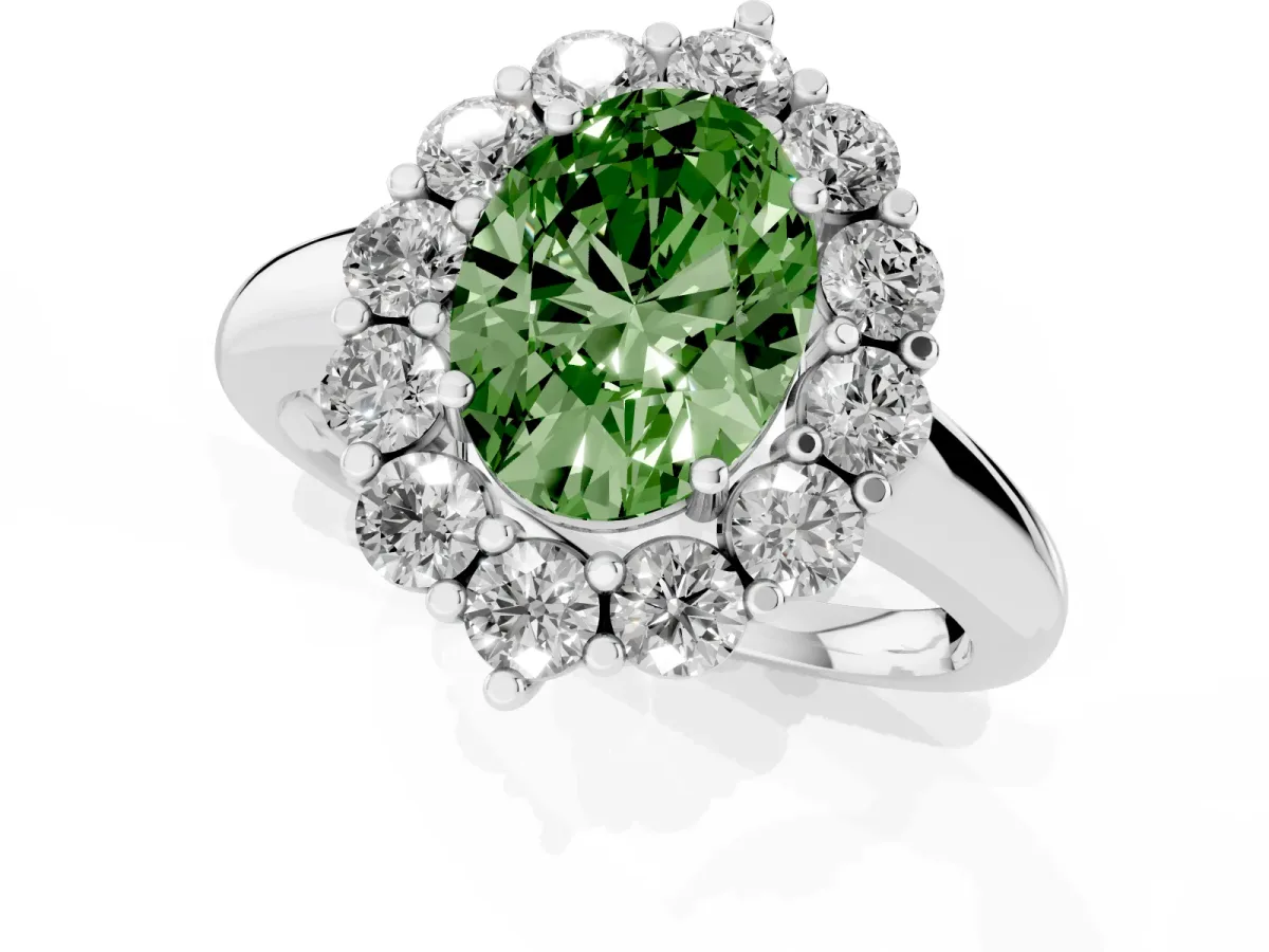Fancy Green Oval Cut Halo Cluster Diamond Engagement Ring with Prong Setting and Polished Band Platinum