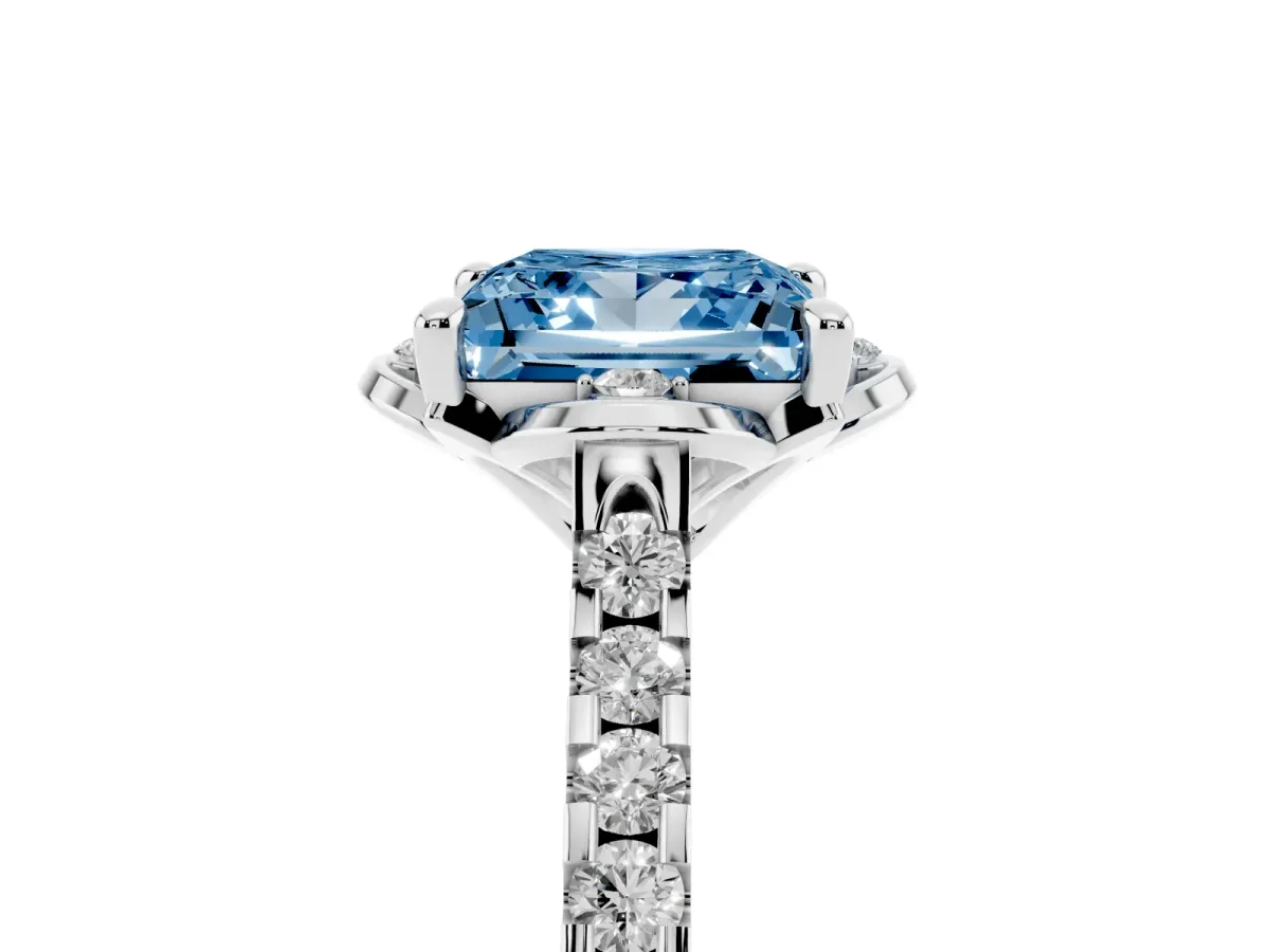 Fancy Blue Princess Cut Diamond Ring with Pavé Band and Floral Prong Setting Silver