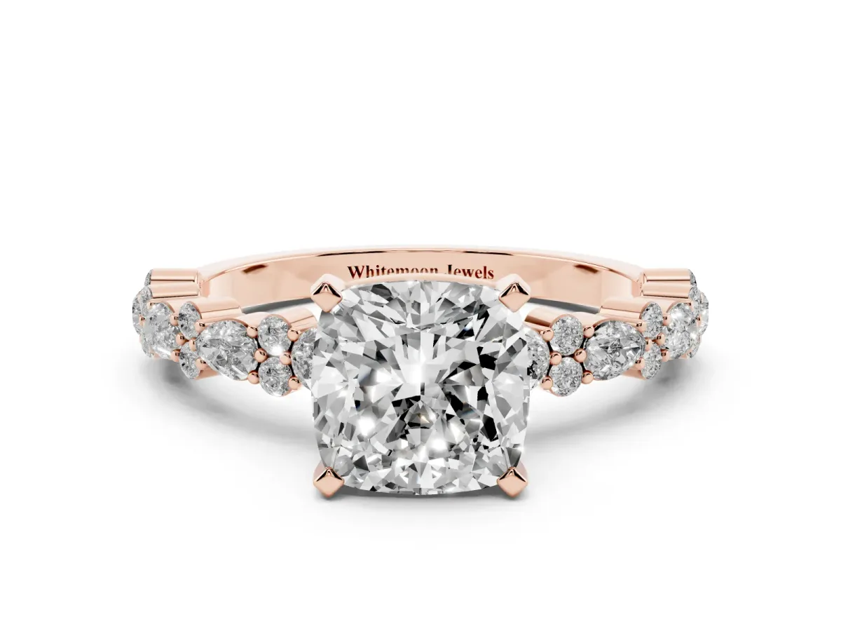 Cushion Cut Diamond Side Stone Solitaire Ring with Round and Four-Prong Setting Rose gold