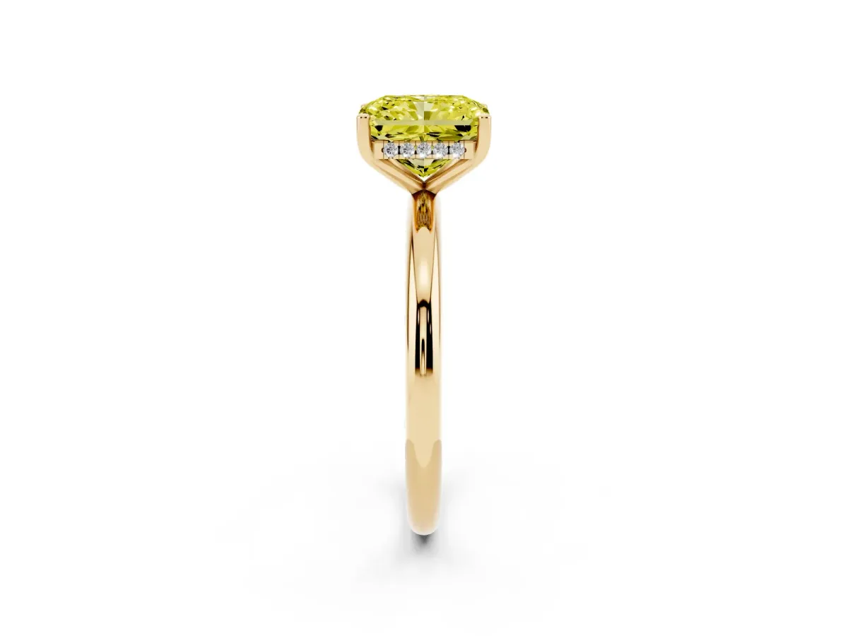 Fancy Yellow Radiant Cut Cut Solitaire Engagement Ring with Four-Prong Setting and Classic Band Yellow gold