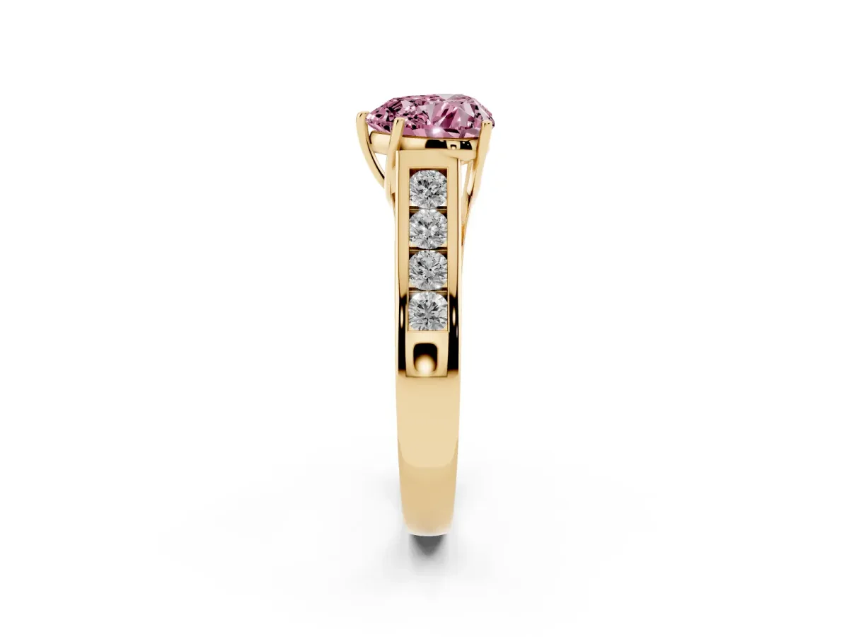 Fancy Pink Heart Cut Brilliant Channel-Set Solitaire Ring with Four-Prong Setting Yellow gold