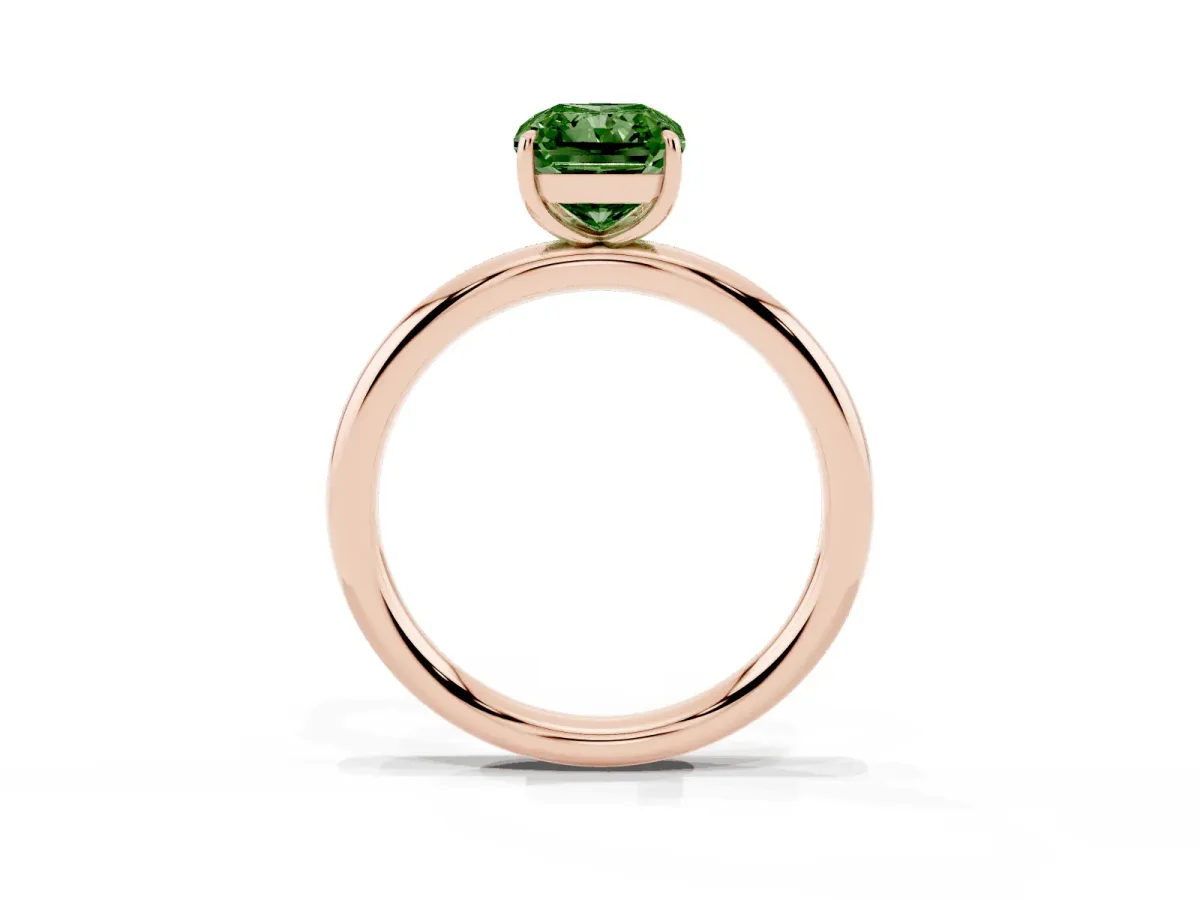Fancy Green Radiant Cut Solitaire Diamond Ring with Four-Prong Setting on a Plain Band Rose gold