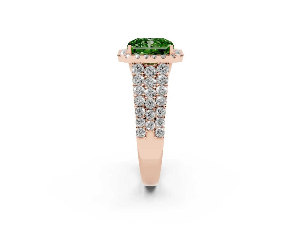 Fancy Green Radiant Cut Diamond Halo Engagement Ring with Triple Row Round Pavé Band and Prong Setting Rose gold