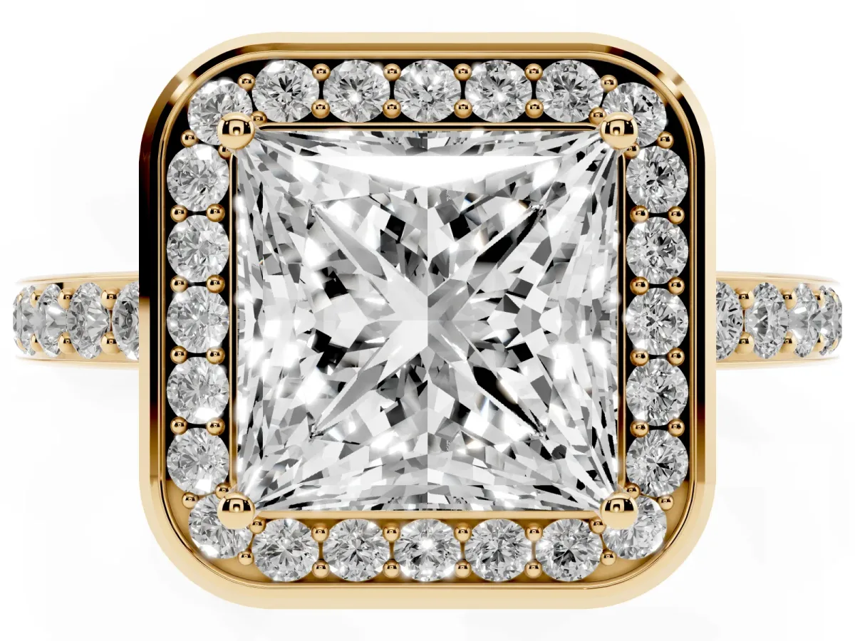 Princess Cut Diamond Halo Ring with Bezel Frame and Pavé Band Yellow gold