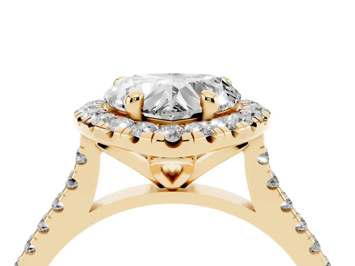 Heart Cut Diamond Cushion Halo Ring with Pavé Band Yellow gold