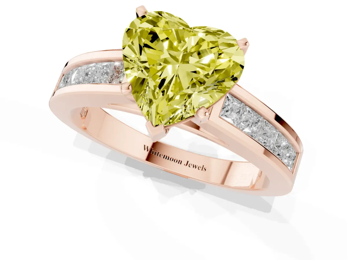 Fancy Yellow Heart Cut Solitaire Diamond Ring with Channel-Set Band and Four-Prong Setting Rose gold