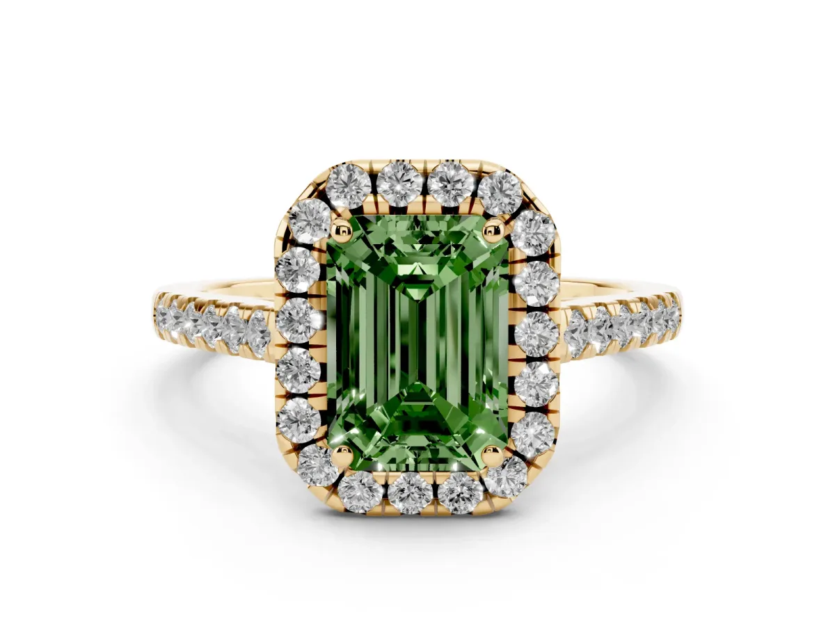 Fancy Green Emerald Cut Halo Pave Diamond Engagement Ring with Four-Prong Setting Yellow gold