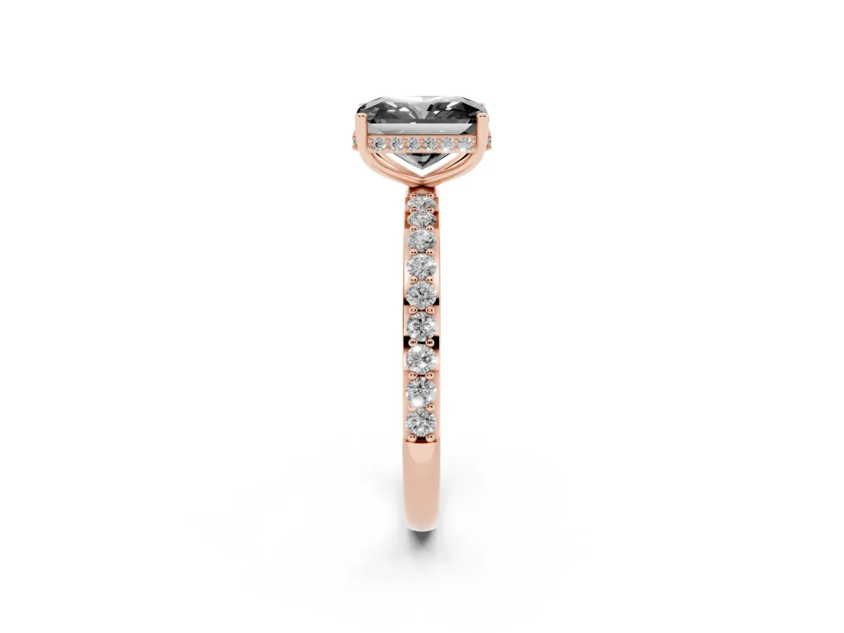 Fancy Black Radiant Cut Diamond Solitaire Ring with Pavé Band and Hidden Halo Rose gold