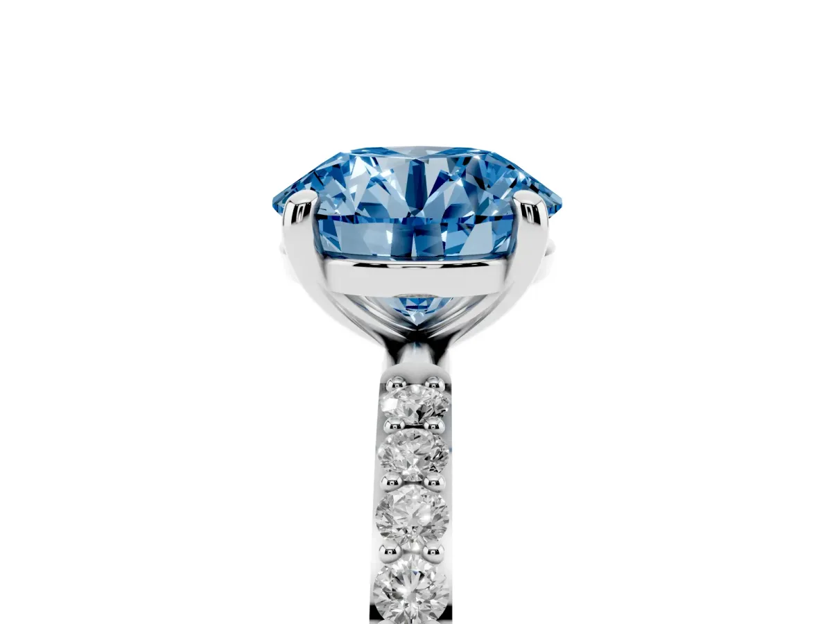 Fancy Blue Round Cut Diamond Solitaire Ring with Round Pavé Band and Prong Setting Silver
