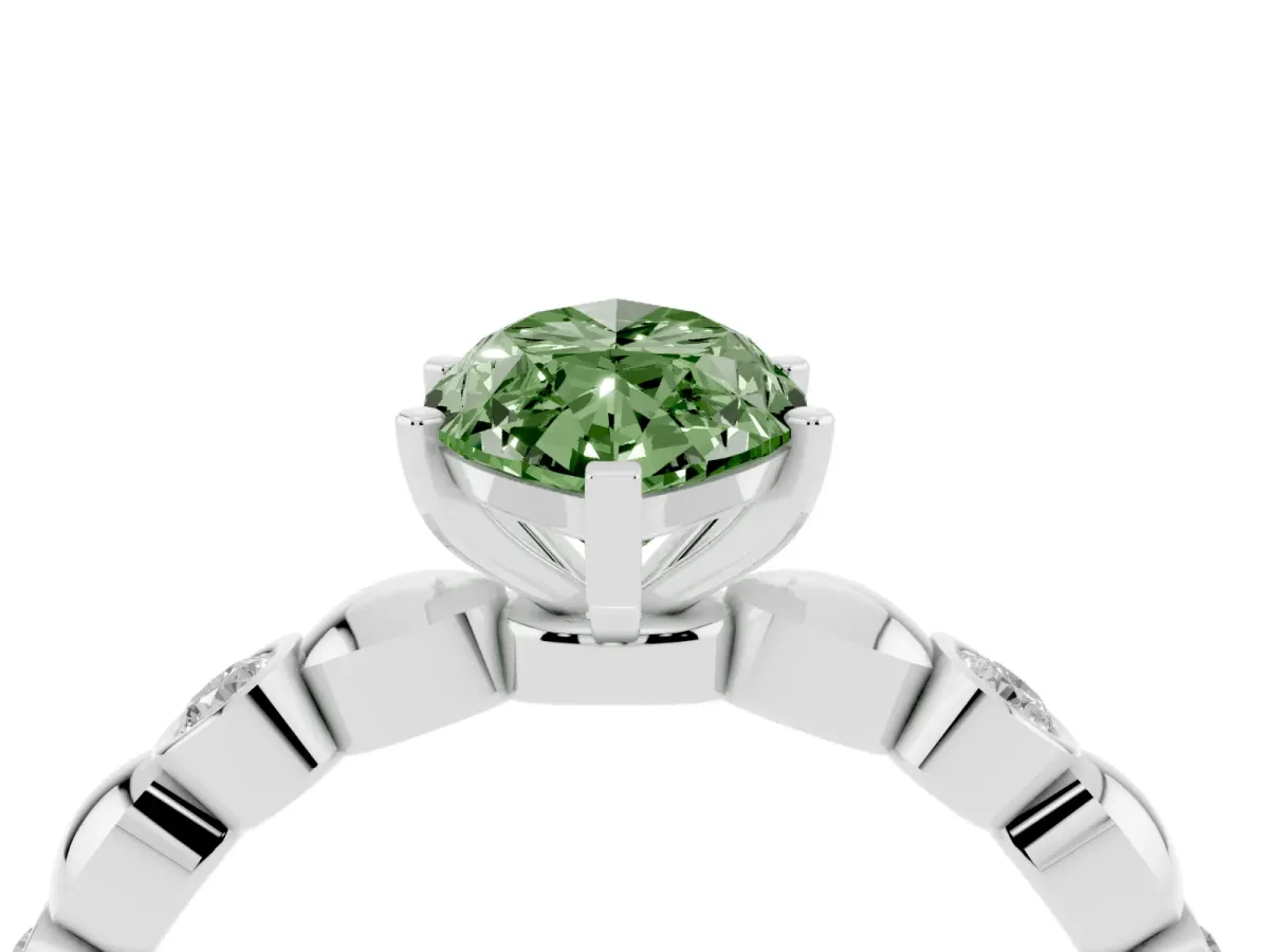 Fancy Green Marquise Cut Solitaire Bezel-Set Diamond Ring with Beaded Band and Four-Prong Setting Platinum