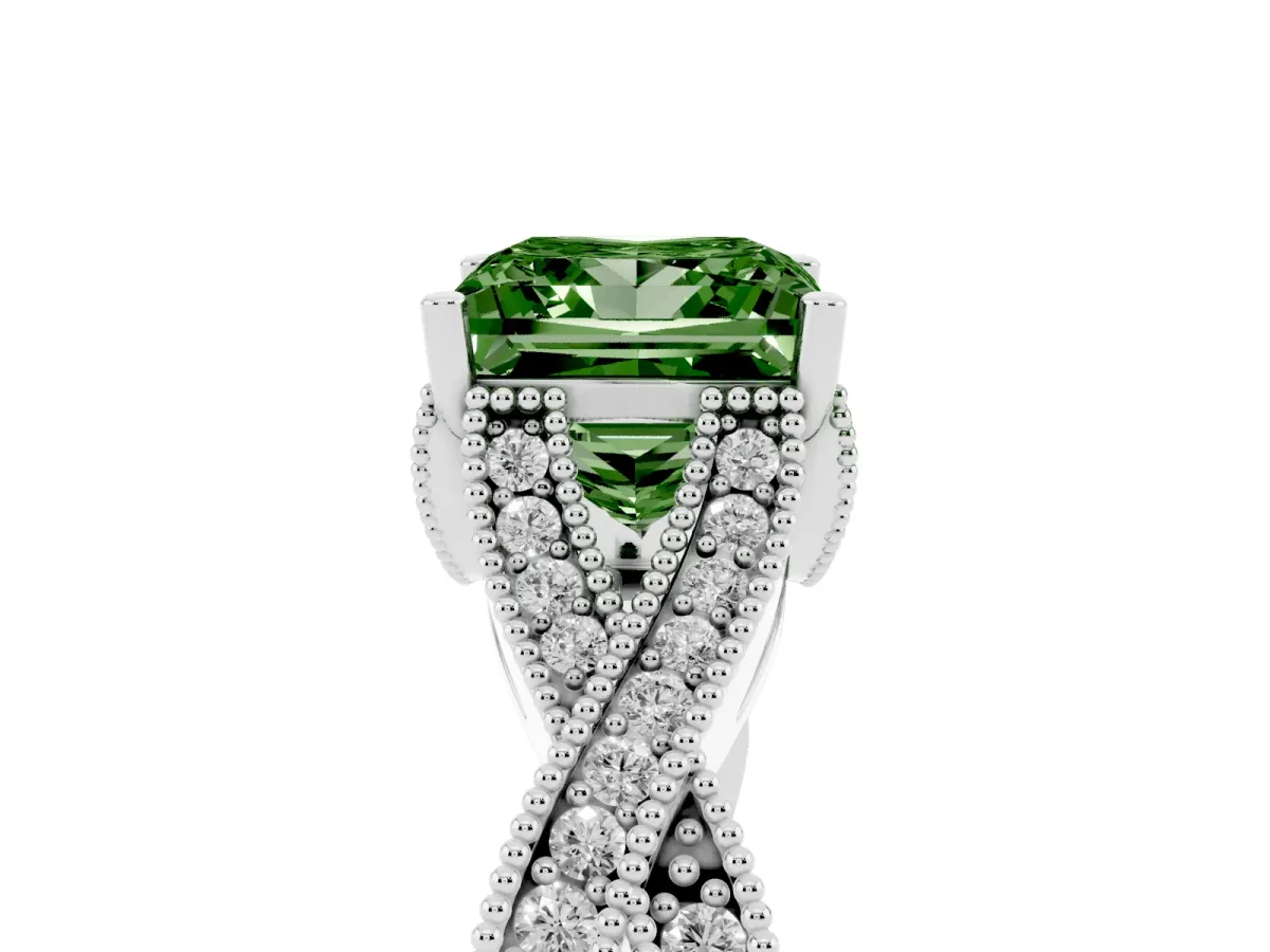 Fancy Green Princess Cut Cut Diamond Twisted Band with Milgrain Pave Setting and Four-Prong Setting Platinum