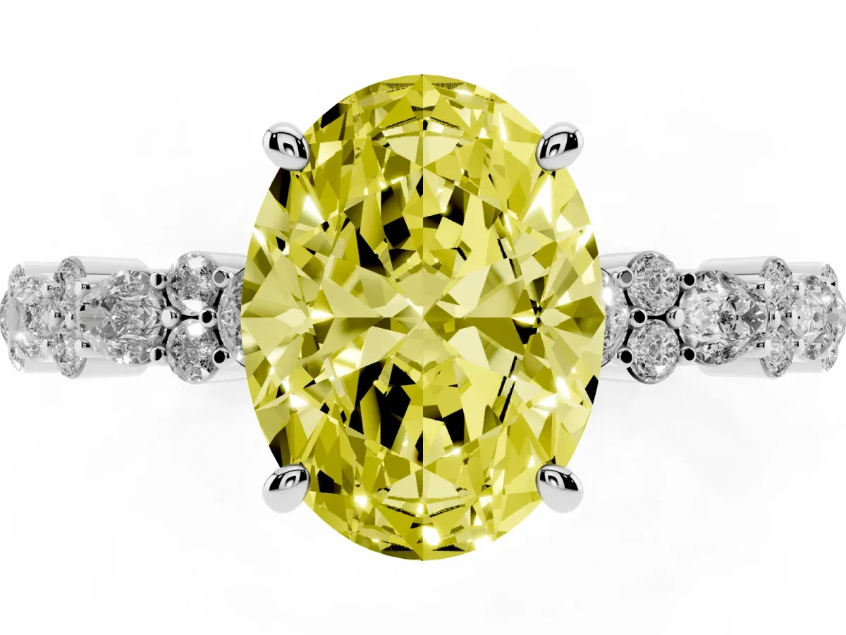 Fancy Yellow Oval Cut Diamond Side Stone Solitaire Ring with Round and Four-Prong Setting Platinum