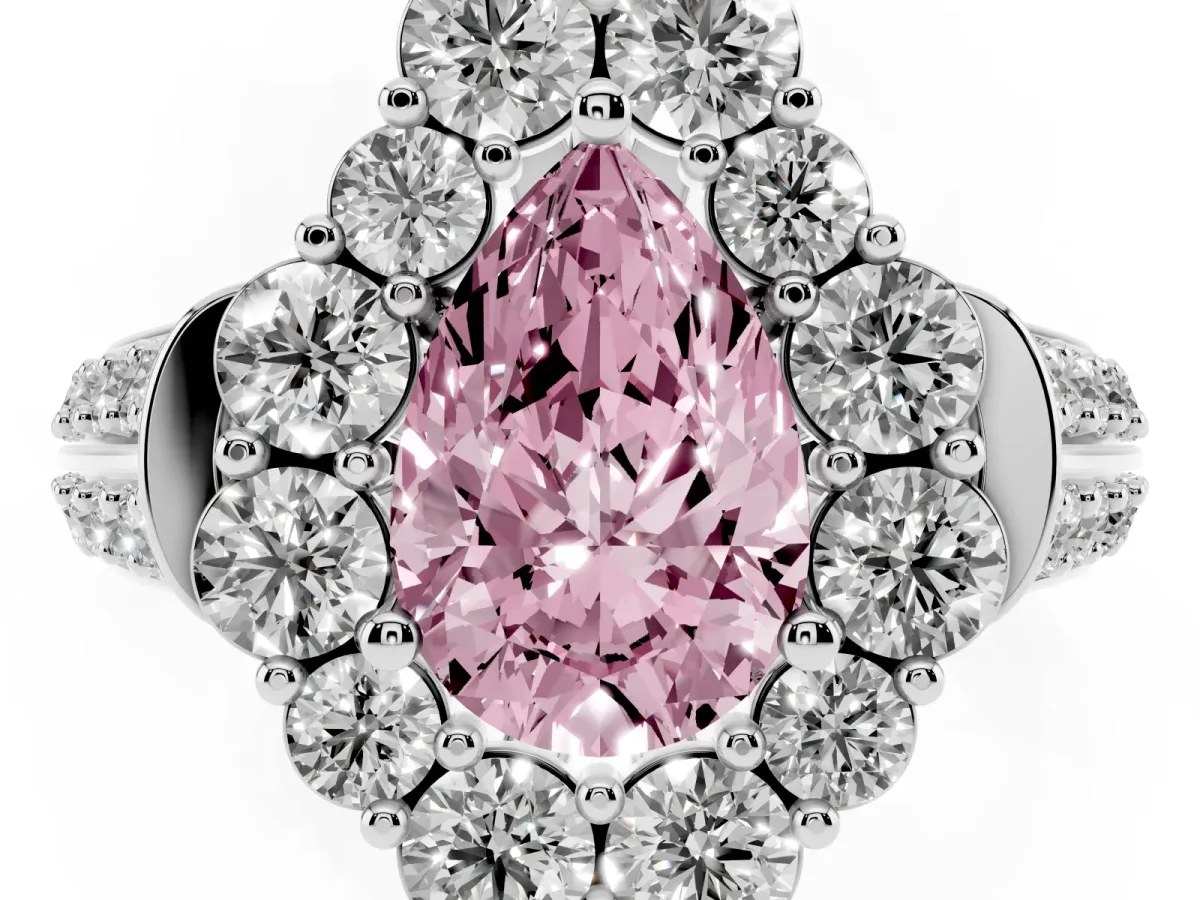 Fancy Pink Pear Cut Halo Diamond Engagement Ring with Split Shank and Prong Setting Platinum