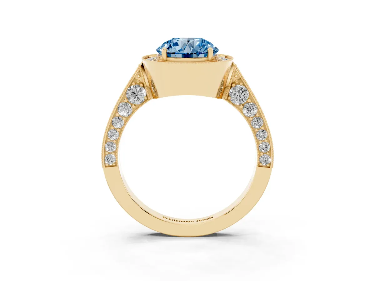 Fancy Blue Round Cut Halo Diamond Engagement Ring with Split Shank Band and Four-Prong Setting Yellow gold