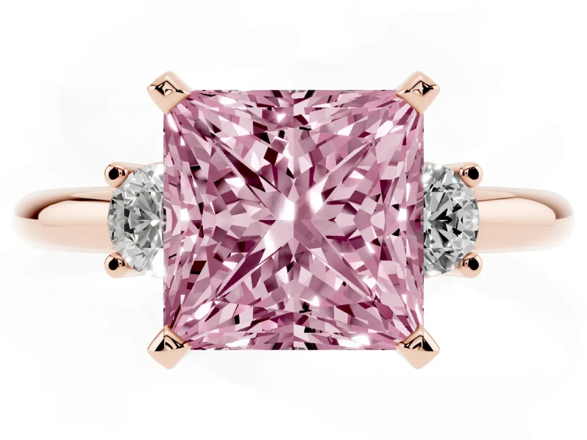 Fancy Pink Three-Stone Princess Cut Cut Diamond Solitaire with Prong Setting and Classic Band Rose gold