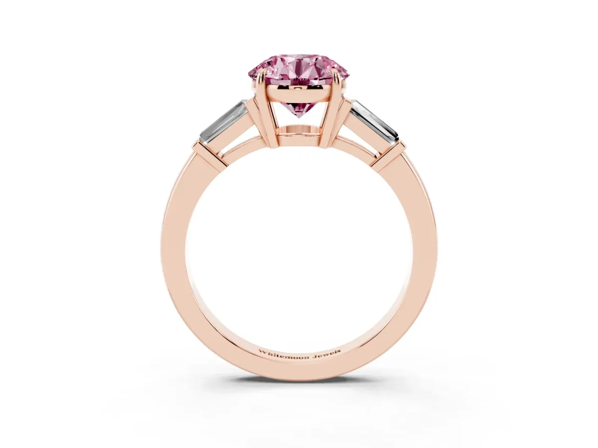Fancy Pink Round Cut Diamond Three-Stone Ring with Tapered Baguette Side Stones and Prong Setting Rose gold