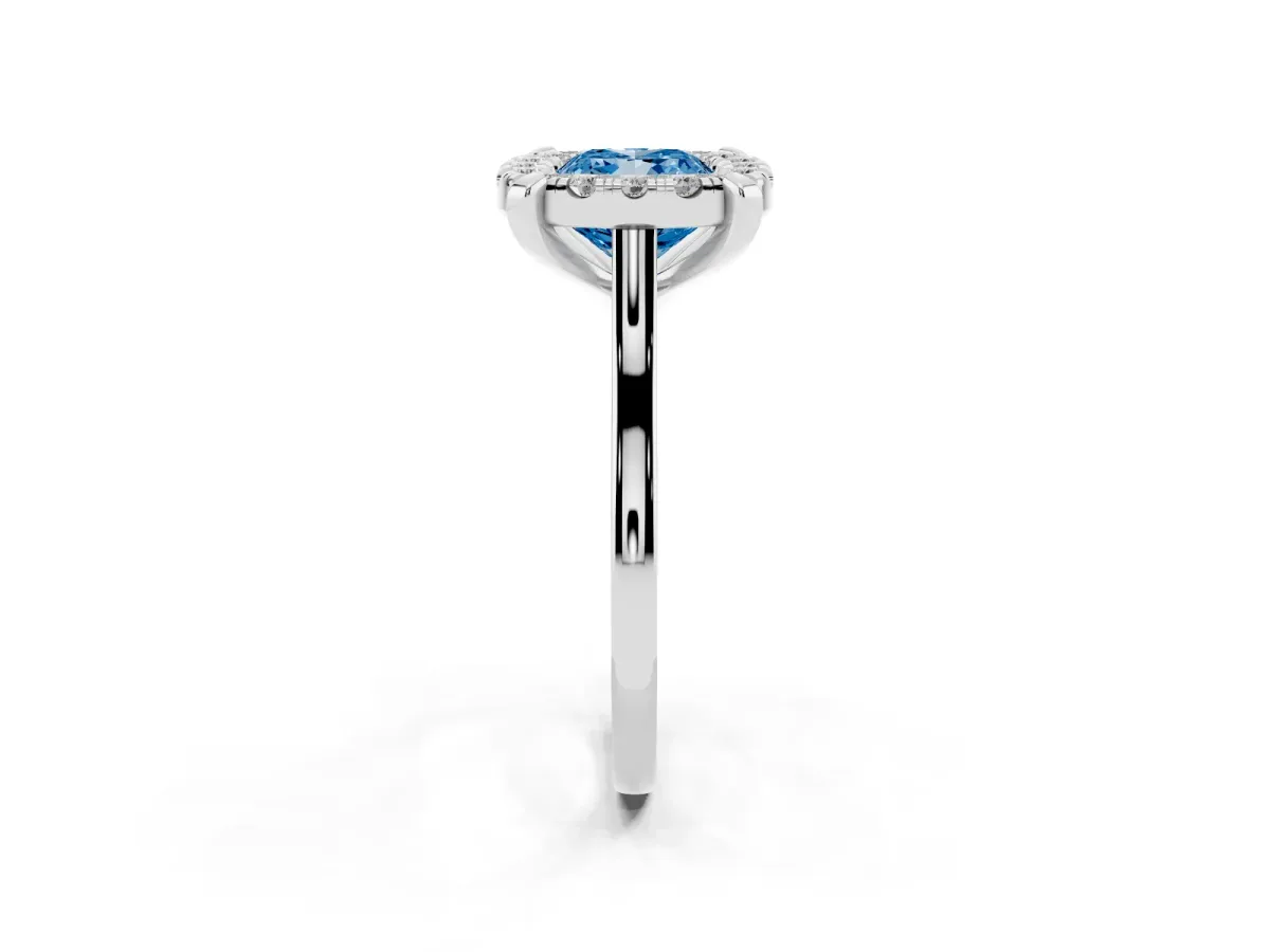 Fancy Blue Cushion Cut Diamond Cluster Halo Solitaire with Four-Prong Setting Silver