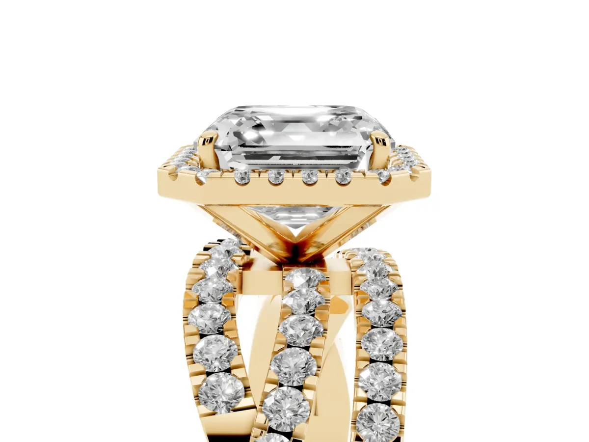 Asscher Cut Diamond Halo Ring with Round Split Shank and Prong Setting Yellow gold