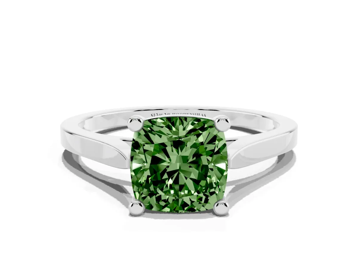 Fancy Green Cushion Cut Solitaire Diamond Ring with Four-Prong Setting and Tapered Band White gold