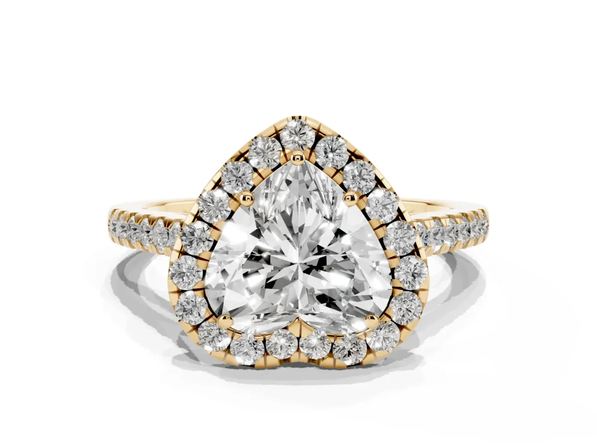 Heart Cut Halo Pave Diamond Engagement Ring with Four-Prong Setting Yellow gold