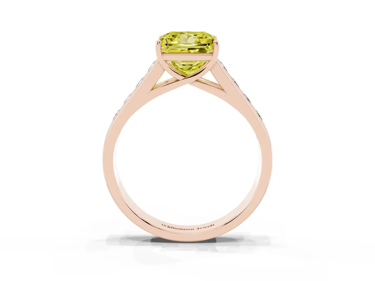 Fancy Yellow Princess Cut Brilliant Channel-Set Solitaire Ring with Four-Prong Setting Rose gold